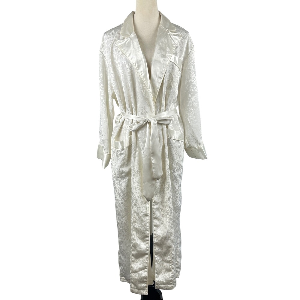 Rare Vintage 90's Victoria's Secret‎ Ivory Floral Satin Long Robe Womens Small